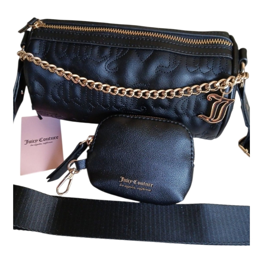 Juicy Couture Black Quilted Puff Roll Crossbody Bag + Pouch NWT Gold Chain